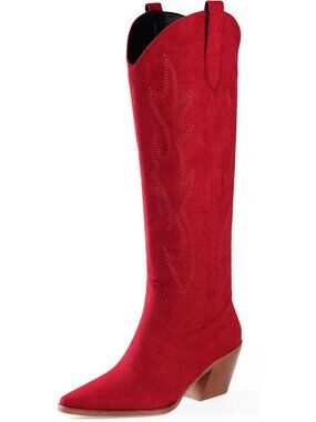 Women's Red Microsuede Cow Girl Knee High Stylish Pointed Toe Block Heel Boots